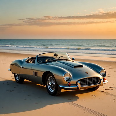 Silver classic convertible on beach sunset