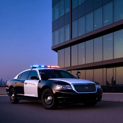 Police Car Parked by Glass Building