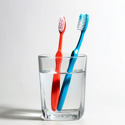 Red and Blue Toothbrushes in Glass
