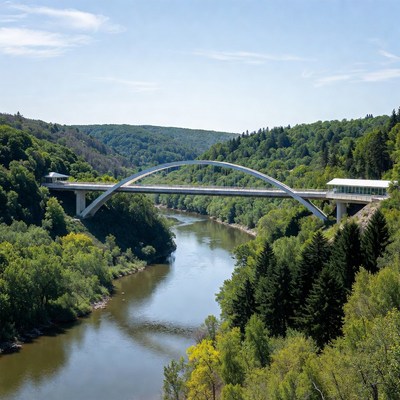 Modern Arch Bridge over Forested River