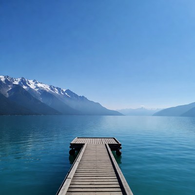 Wooden pier over turquoise lake mountains