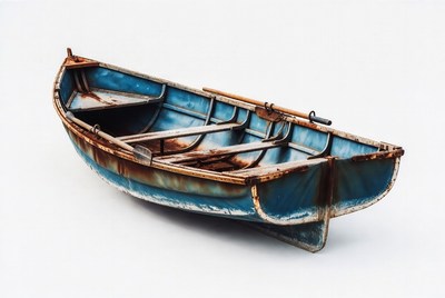 Rusty blue rowboat on white background