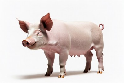 Pink pig standing on white background