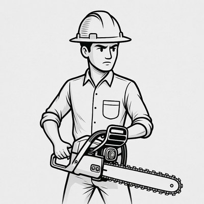 Man holding chainsaw wearing hardhat