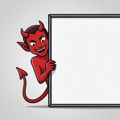 Cartoon devil peeking behind blank sign
