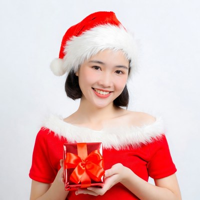 Asian girl in Santa hat holding Christmas gift