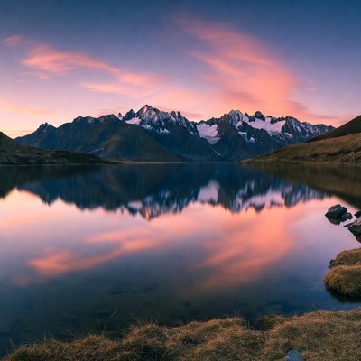 Mountain Lake Reflecting Sunset Peaks