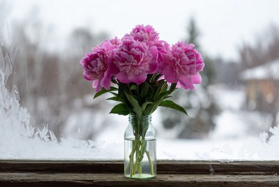 Pink Peonies in Jar by Snowy Window