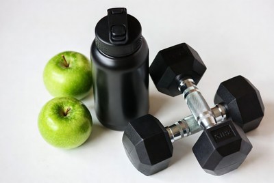 Green Apples, Black Water Bottle, Dumbbells