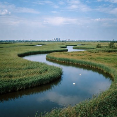 Swans in winding marsh river with skyline