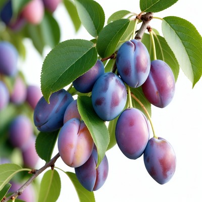 Ripe Plums on Green Branch
