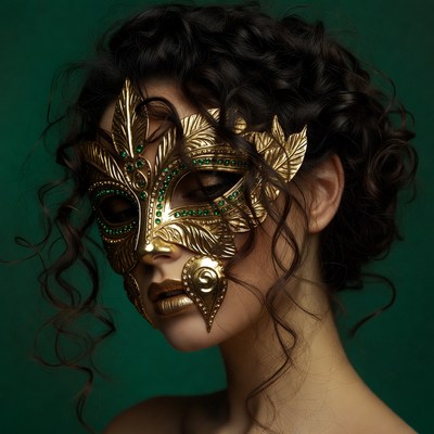 Woman wearing ornate gold green mask