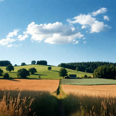 Wheat Field Path with Rolling Hills