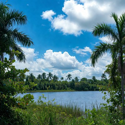 Palm trees framing tropical lake