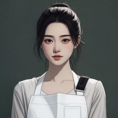 Asian woman wearing white apron