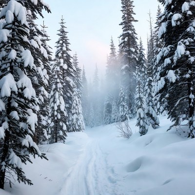 Snowy Trail Through Foggy Pine Forest