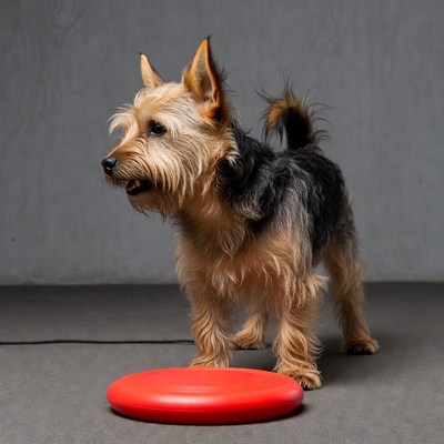 Yorkie standing by red frisbee