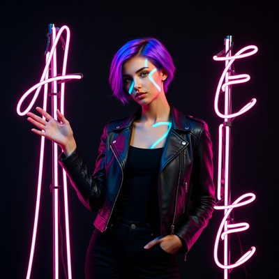 Purple-haired woman posing with neon signs