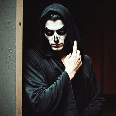 Man in skull makeup showing middle finger