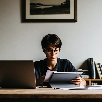 Asian woman working on laptop and papers