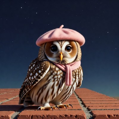 Owl wearing pink beret and scarf