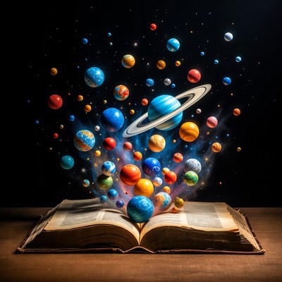 Open Book Exploding with Planets