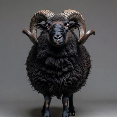 Black ram with large curved horns