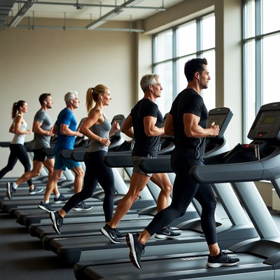 Group running on treadmills in gym