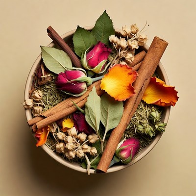 Clay Bowl of Roses and Cinnamon Sticks