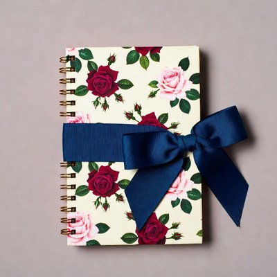 Rose Pattern Notebook with Blue Ribbon