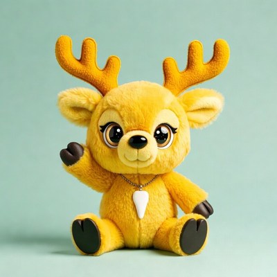 Cute yellow reindeer plush waving