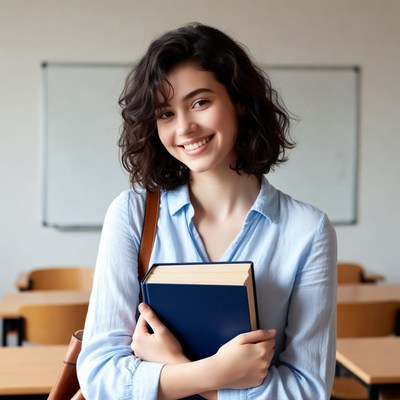 Young woman holding book in classroom