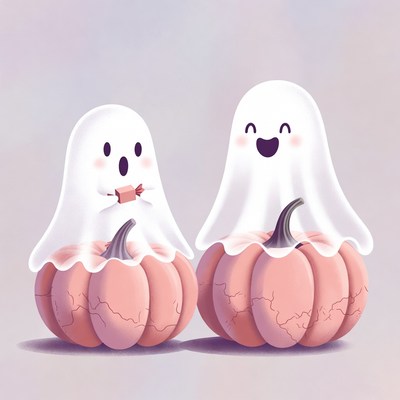 Cute ghosts holding candy on pumpkins