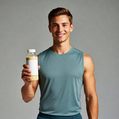 Muscular man holding protein shake