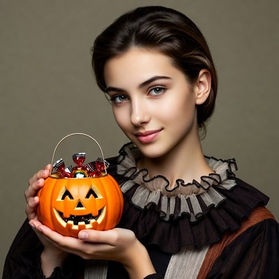 Girl holding jack-o-lantern candy basket