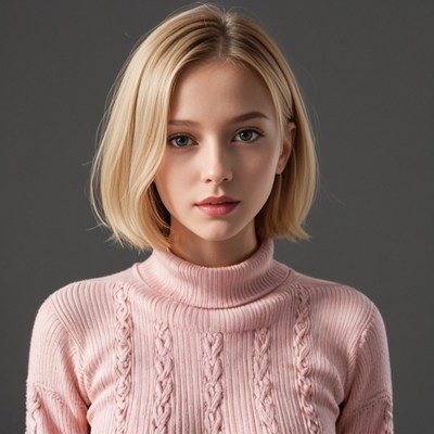 Blonde woman in pink turtleneck