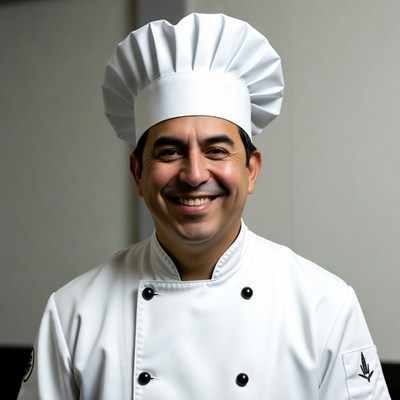 Smiling Latino chef in white uniform