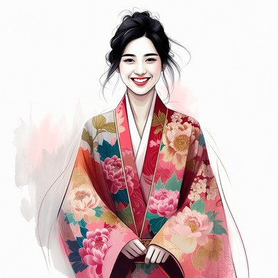 Asian woman in floral kimono