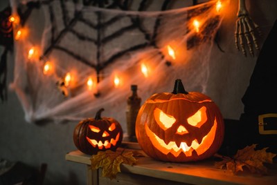 Lit Jack-o-Lanterns with Halloween Decor