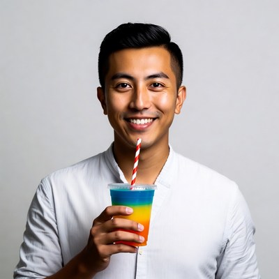 Asian man drinking colorful layered drink
