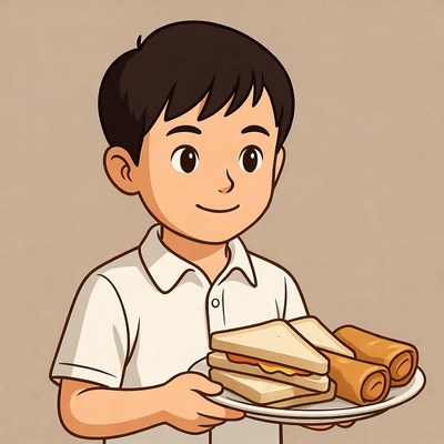 Asian boy holding sandwich and spring rolls