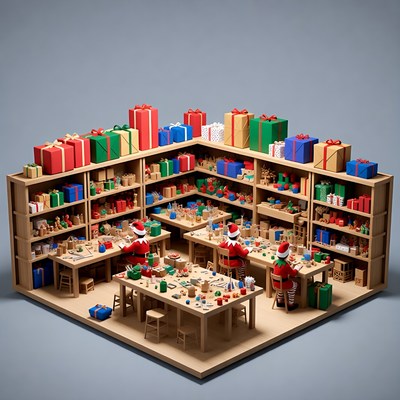 Elves working in Christmas toy workshop