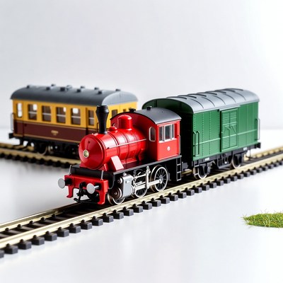 Red Steam Train with Passenger and Freight Cars