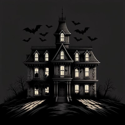 Haunted House with Bats Illustration
