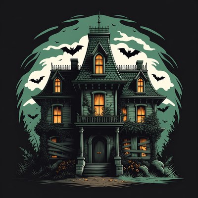 Haunted House with Bats Illustration