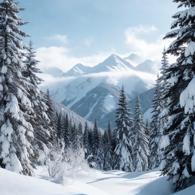 Snowy Pine Trees Framing Mountains