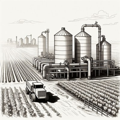 Grain Silos and Dump Truck in Farm Field