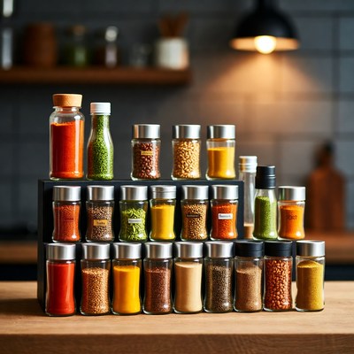 Spice Jars on Wooden Rack