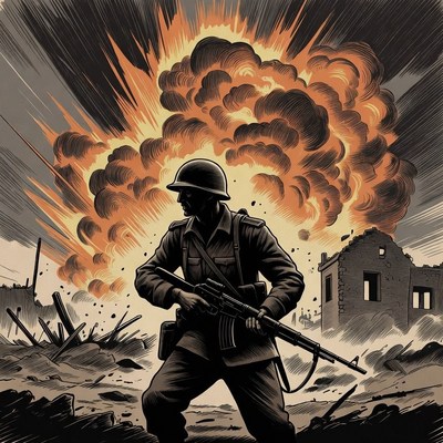 Soldier with rifle amid explosion