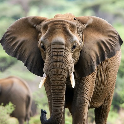 African elephant with tusks in savanna